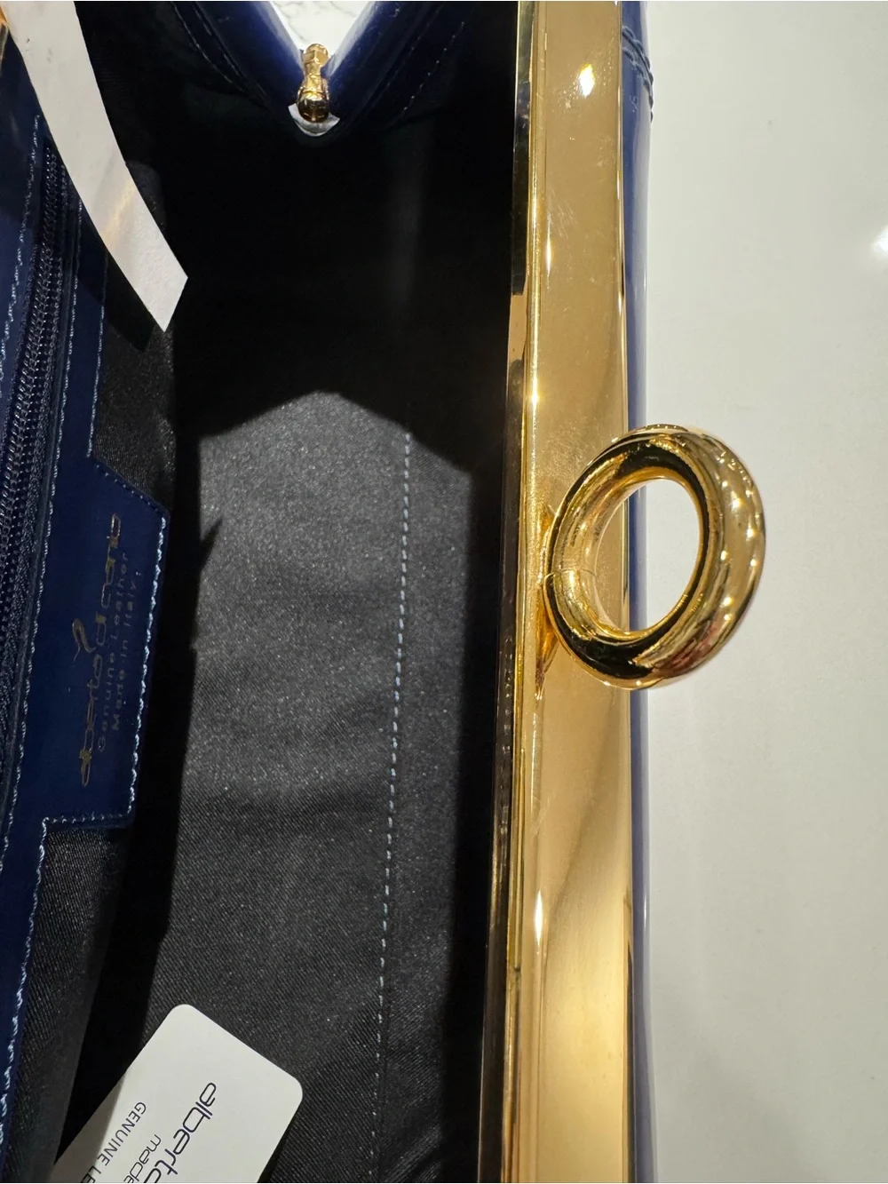 Alberta Di Canio Navy Blue Leather Satchel with Gold Hardware